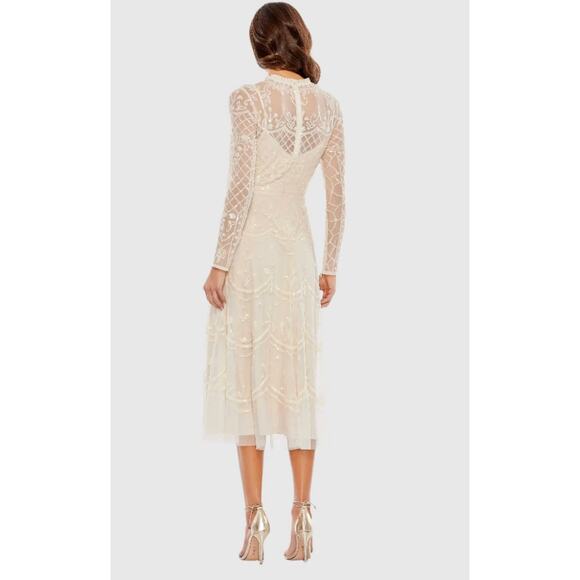 Mac Duggal Sequined Illusion High Neck Long Sleeve Midi Dress Cream 20 - Picture 2 of 9